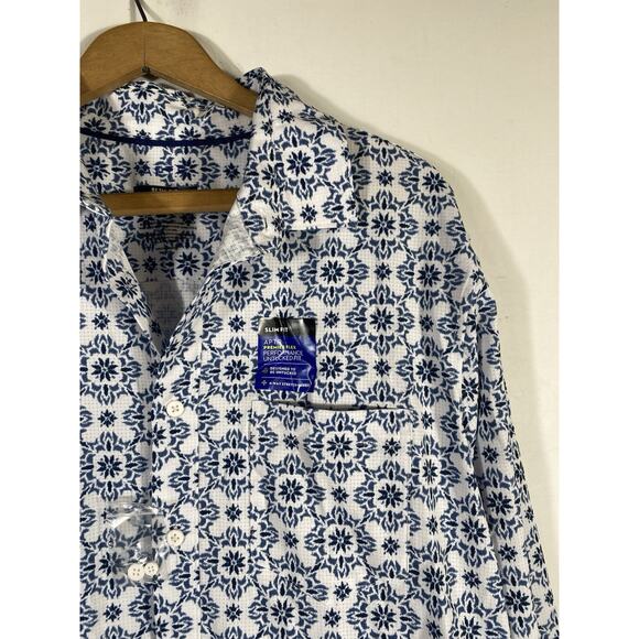 Apt 9 Premier Flex Slim Fit Shirt Button Up Size Large Mens White Blue Print NEW - Picture 6 of 12